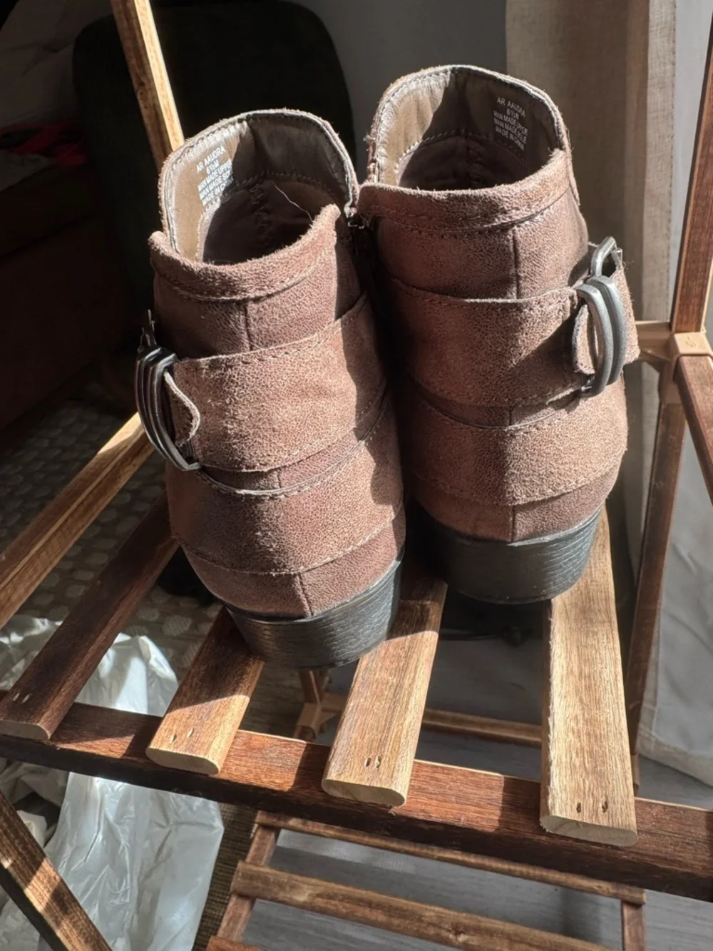 American Rag Cie Brown Ankle Booties Womens 6.5 Western Boho Buckle Stacked Heel